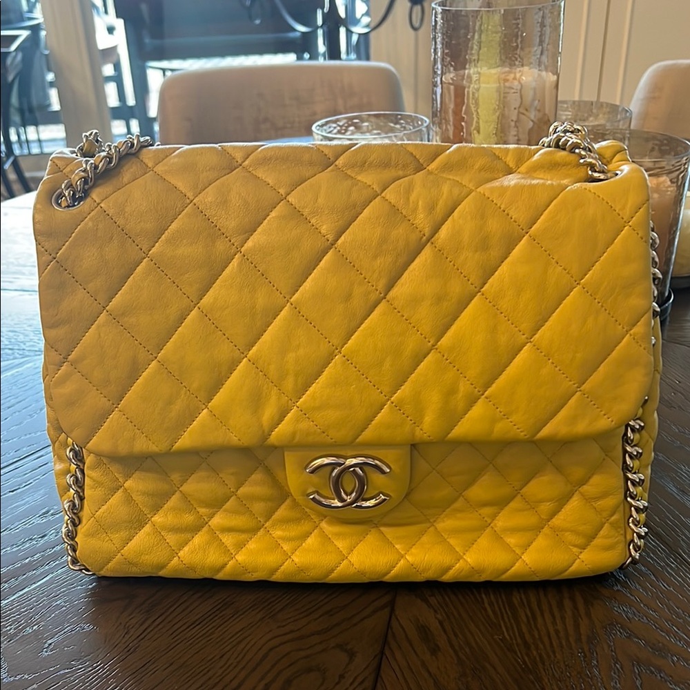 CHANEL YELLOW MAXI CHAIN AROUND FLAP SHOULDER BAG